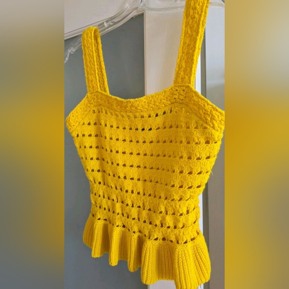 J. Crew Bright Sunflower Crochet Top, Square Neck & Wide Straps. Peplum. XS, NWT